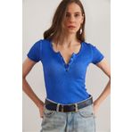 Olalook Kadın Yıkamalı Saks Mavi Çıtçıtlı Kaşkorse Bluz