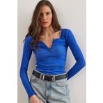 Olalook Kadın Yıkamalı Saks Mavi Patlı Kaşkorse Bluz BLZ-19000588