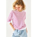 Olalook SWT-19000457 Beyaz Fuşya Yumuşak Dokulu Salaş Kadın Sweatshirt