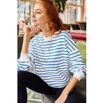 Olalook SWT-19000457 Beyaz İndigo Çizgili Yumuşak Dokulu Salaş Kadın Sweatshirt