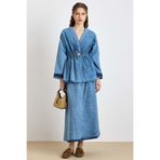 Olcay Beli Lastikli Taşlı Çıt Çıtlı Ceket Etek Denim Takım MAVİ 9445-TK