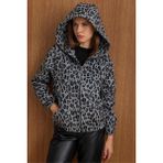 Olcay Kadın Kapüşonlu Leopar Desenli Kısa Kaban Gri Polyester Relaxed Kalıp - 42