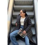 Olcay Kapüşonlu Uzun Şişme Mont Kadın SİYAH Polyester Malzeme Rahat Kalıp Düğme Kapamalı 6494 - Siyah - 44