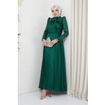 Olcay Önü ve Kolları Pul ve Taş Detaylı Saten Abiye Elbise YEŞİL 1660