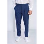 Old Money Stil Çift Pileli Yüksek Bel Toka Detaylı Slim Fit Saks Mavisi Erkek Pantolon – Wessi