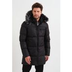 Oliggopol Erkek Kürk Kapüşonlu Uzun Model Siyah Şişme Mont & Kaban & Parka