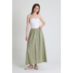 Olive Yeşili Keten Görünümlü %100 Pamuk Düğmeli Midi Etek 3419 - XL