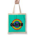 Oliver Name- Vintage Retro Rainbow Style Custom Design Gift Baby-Gift For Hm Bez Çanta Uzun Saplı - Açık Bej - 40 X 40