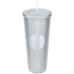 Olomo 750 ml Kapaklı ve Pipetli Soğuk İçecek Bardağı – Mor Kristal Desenli Seyahat Kupası, Termal Yapı, Buzlu Doku, Buzlu Kahve Smoothie Bardak Taşınabilir Yazlık Plastik Bardak (Beyaz)