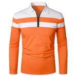OlyljpinZ Erkek Polo Gömlek Günlük Uzun Kollu Kontrast Renk T Shirt Fermuarlı Golf Gömlek İş Tişört Üst Düzenli Kesim Yaka Gömlek Klasik Ekose, Turuncu, XXL