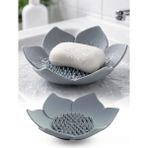 omilife 2'li Gri Lotus Desenli Sabun Ve Sünger Tutacağı Silikon Su Giderli Lotus Şık Katı Sabunluk