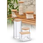 omilife Şeffaf Ahşap Kapaklı Akrilik Pamukluk Diş İpi Kulak Çubuğu Banyo Dolabı Organizer Seti