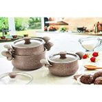 Oms Granit Güveç Set 3lü Granit Mini Tencere Takımı Cam Kapaklı Kahverengi