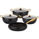 Oms Meridian Granit Kaplamalı Siyah Gold Derin Tencere Seti 7 Parça 28 cm Ebatlı