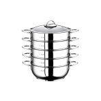 Oms Paslanmaz 6090-C - 6 Parça Paslanmaz Çelik, Cam Kapak 28X10cm-5,80 Litre Buharlı Pişirici, Özbek Mantı Tencere