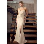 Ömür Inn Kadın Straplez Taş ve Payet İşlemeli Şal Detaylı Balık Form Abiye Elbise 6790 Latte