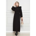 Omuzu Fırfır Kemerli Elbise-Siyah - 38 - Beyaz