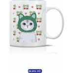 On Dijital Baskı Merkezi Yeşil Kedi Temalı Beyaz Kupa - Beyaz- Renkli