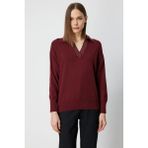 On Kadın Polo Yaka Zincir Detaylı Triko Kazak 66336 Bordo - M