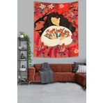 on the clouds Gelincikler Çiçekler ve Huzurlu Kız Leke Tutmaz Kumaş Duvar Örtüsü Duvar Halısı Tapestry