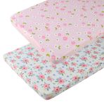 Onacosht Pack n Play Playard Lastikli Çarşaf Kız Bebek için 2'li Paket Set Yumuşak Esnek Jarse Örgü Taşınabilir Mini Beşik Yatak Örtüsü, Pembe Çiçekli