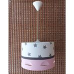 Onay Beyaz Yıldızlı Pembe Motifli Kumaş Kaplama Çocuk Odası ve Bebek Odası Avize Aydınlatma Sarkıt - Beyaz - Pembe