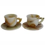 Oniks Doğal Taş Kahve Fincan Seti, El Yapımı, Beyaz-Bal Damarlı, 7cm Yükseklik, 12.5cm Çap, 2'li veya 6'lı Takım Seçenekli, Dekoratif Tasarım (2 li Fincan Set)
