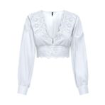 ONLY Kadın Tişört ONLLOU LIFE EMB L/S V-NECK SHORT TOP PTM Parlak Beyaz S