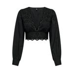 ONLY Kadın Tişört ONLLOU LIFE EMB L/S V-NECK SHORT TOP PTM Siyah M