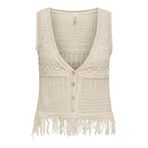 ONLY V Yaka Normal Fit Örgü Şişme Yelek, M, ONLALIX SL FRINGE WAISTCOAT KNT, Ekru, Kadın