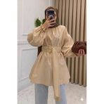 onlymoon Bej Pamuklu • Pile Kemer Detaylı Tesettür Gömlek Tunik • Oversize Rahat Kalıp • Şık Günlük Kombin
