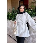 onlymoon Geniş Kol Bel Bağlamalı Asimetrik Yaka Detaylı Gömlek Tunik Kadın Oversize Tesettür Tunik Uzun Kollu Salaş Kesim Günlük Şık Mevsimlik Bağcıklı Modern Modest Giyim