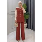 onlymoon Kiremit Rengi • Pamuklu Yelek Pantolon Takım • Beli Lastikli Cepli • Şık Rahat Modern Tesettür Kombin
