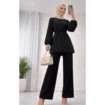 onlymoon Tesettür Taş Baskılı Tunik Pantolon Takım Siyah | Sofia Keten Yüksek Bel Rahat Kesim Şık Kombin