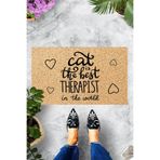 ontheclouds Dijital Baskılı Cat is The Best Therapist Yazılı Dekoratif Kapı Önü Paspası, Siyah-Krem