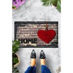 ontheclouds Dijital Baskılı Home Yazılı Kalp Desenli Dekoratif Kapı Önü Paspası, Gri-Krem-Kırmızı