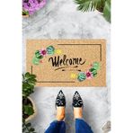 ontheclouds Dijital Baskılı Welcome Yazısı Çiçek Desenli Dekoratif Kapı Önü Paspası, Beyaz-Bej-Kahve
