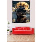 Ontheclouds Dolunay Ve Siyah Yelkenli Gemi Leke Tutmaz Kumaş Duvar Örtüsü Duvar Halısı Tapestry, 140 x 230