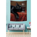 Ontheclouds Kadehte Şarap Ve Siyah Kedi Komik Leke Tutmaz Kumaş Duvar Örtüsü Duvar Halısı Tapestry, 100 x 140