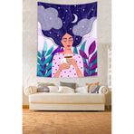 Ontheclouds Saçlarındaki Ay Kahve Içen Kız Leke Tutmaz Kumaş Duvar Örtüsü Duvar Halısı Tapestry, 140 x 140