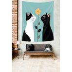 Ontheclouds Siyah Beyaz Kediler Çiçek Desen Leke Tutmaz Kumaş Duvar Örtüsü Duvar Halısı Tapestry, 140 x 140