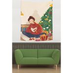 Ontheclouds Yılbaşı Kartı Okuyan Kız Çam Ağacı Temalı Leke Tutmaz Kumaş Duvar Örtüsü Duvar Halısı Tapestry, 140 x 230