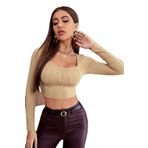 Önü Büzgülü Fitilli Viskon Kumaş Crop Bluz Vizon L