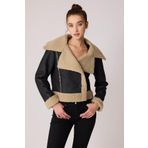 Önü Düğmeli Kürklü Crop Biker Ceket