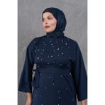 Önü Inci Detaylı Kuşaklı Salaş Elbise - Lacivert - Standart