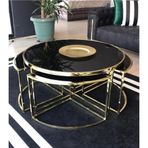 Onurdesign Sosa Metal Gold Kaplama Siyah Camlı Yuvarlak Orta Sehpa 4+1 92x92 cm