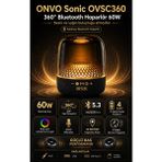 Onvo Yeni Sonic 360° Bluetooth 5.3 Hoparlör 60W, Rgb LED Işıklı, Dahili Mikrofonlu, Güçlü Bas, USB Type-C/aux/tf Kart Destekli Taşınabilir Ses Sistemi
