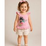 Onymino Kız Çocuk Alt-Üst Takım – Flamingo Baskılı Pembe Askılı T-Shirt ve Cepli Dantelli Şort - 9 - 12 Ay - Pembe - Krem