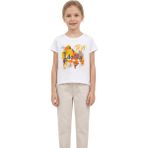Onymino Kız Çocuk Asimetrik Kesim Baskılı T-Shirt – Yan Yırtmaçlı Pamuklu Yazlık Tişört - Ekru - Turuncu - 13 Yaş