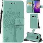 Ooboom Samsung Galaxy S10+ Plus Kılıf Kedi Ağacı Desenli PU Deri Kapaklı Cüzdan Standı Kart/Nakit Yuvalı Paket Bilek Kayışı Manyetik Toka Samsung Galaxy S10+ Plus için - Yeşil